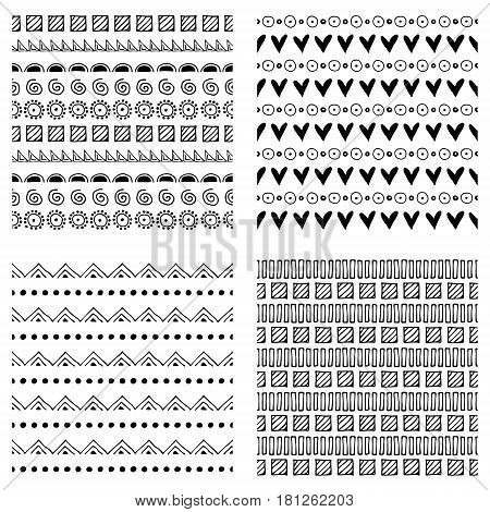 Set Of Seamless Vector Patterns. Black And White Geometrical Endless Backgrounds With Hand Drawn Geo