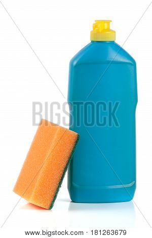 dishwashing detergent with sponge isolated on white background.
