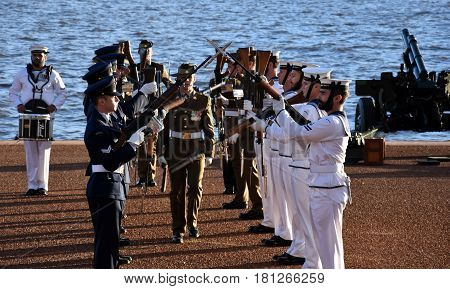 Canberra Australia - Mar 18 2017. Australian Federation Guard conduct small arms at Gallipoli Reach. AFG is a ceremonial unit made up from the Royal Australian Navy Army and Air Force.