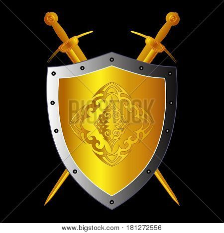 Celtic cross on the shield with swords. Coat of arms logo.