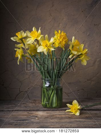 Amazing grunge background with Yellow flowers daffodils on turquoise texture. Beautiful Colorful Greeting Card for Mothers Day, Birthday, March 8. Top view, Flat lay. Horizontal Image With Copy Space