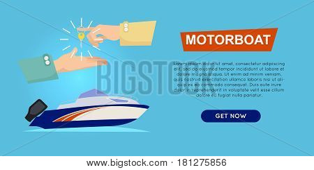 Buying motorboat online boat selling web banner vector illustration. Transport advertising company e-commerce concept. Getting new key of new boat. Business agreement of ncouraging customers.