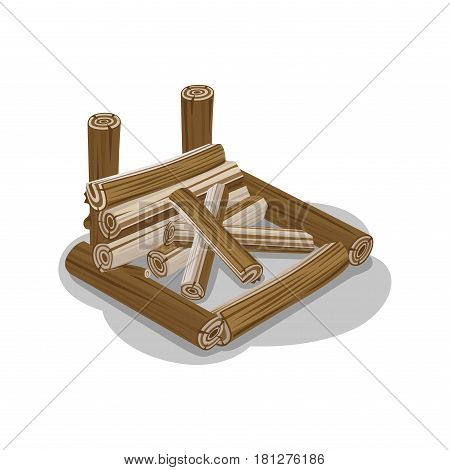 Elements to make fire in square shape. Firewood logs isolated vector illustration of wooden sticks prepared to start bonfire flat design. Neatly stacked firewood with shadow on white background.