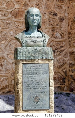 Berlanga de Duero Spain - April 14 2014: Statue The association pays homage to Maria de Tovar who was Marquesa de Berlanga and Duchess of Frias in Berlanga del Duero Spain.