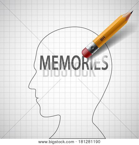 Pencil erases in the human head the word memories. Alzheimer disease. Stock vector illustration.