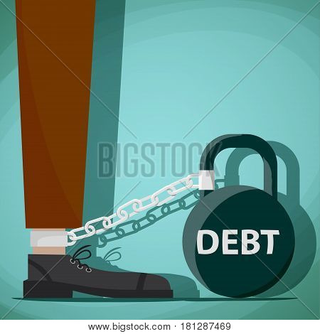 Man chained to kettlebell with the word debt. Stock Vector cartoon illustration.