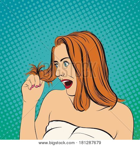 Young woman looks at her hair. Stock vector cartoon pop art illustration.