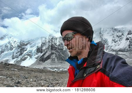 Man in the background of the Nepal mountains