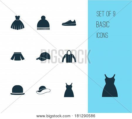 Garment Icons Set. Collection Of Stylish Apparel, Dress, Elegant Headgear And Other Elements. Also Includes Symbols Such As Sarafan, Sneakers, Ski.