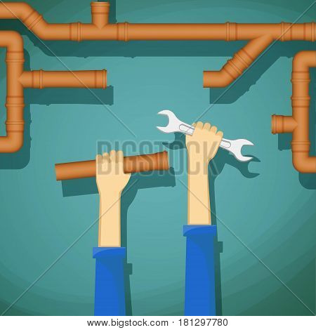 Plumber holding in his hand wrench and water pipe. Stock vector illustration.