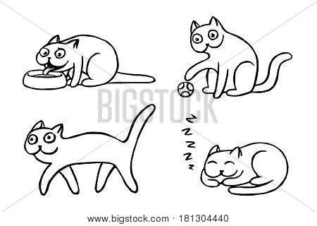 Pussycat emoticons set. Funny cartoon cool character. Contour digital drawing cute cats. White color background. Cheerful pet collection. Vector illustration.