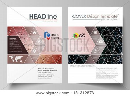 Business templates for brochure, magazine, flyer, booklet or annual report. Cover design template, easy editable vector, abstract flat layout in A4 size. Chemistry pattern, molecular texture, polygonal molecule structure, cell. Medicine, science, microbio
