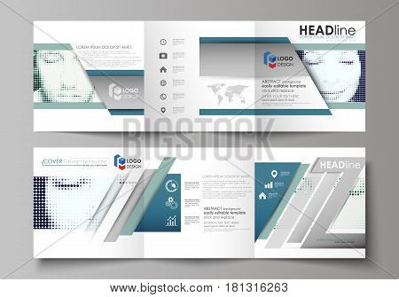 Set of business templates for tri fold square design brochures. Leaflet cover, abstract flat layout, easy editable vector. Halftone dotted background, retro style grungy pattern, vintage texture. Halftone effect with black dots on white.