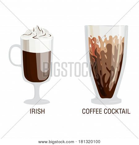 Set of different transparent cups of coffee types mug with foam beverage and breakfast morning sign tasty aromatic glass assortment vector illustration. Roasted refreshment various caffeine aroma.