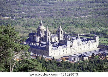 Monastery of San Lorenzo de El Escorial, seen from Mount Abantos. Madrid's community. Spain