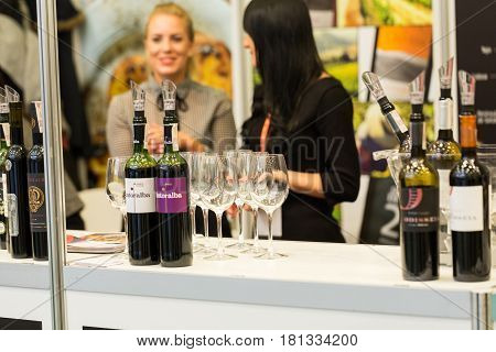 CRACOW POLAND - NOVEMBER 17 2016: International Wine Trade Fair ENOEXPO in Cracow is a professional event dedicated to wine. Every year the producers of wine from all around the world meet the importers distributors and representatives. Cracow. Poland