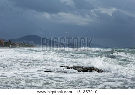Powerful Waves Heating Cost Of Mediterranean Turkey In Alanya With Mountains On Background Shot On C