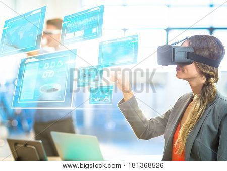 Digital composite of Woman wearing VR Virtual Reality Headset with Interface