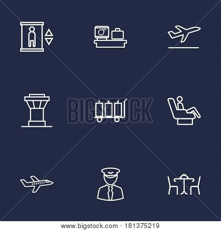 Set Of 9 Airplane Outline Icons Set.Collection Of Elevator, Business Class, Cafe And Other Elements.