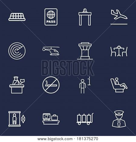 Set Of 16 Aircraft Outline Icons Set.Collection Of Taxi, Sit, Pilot And Other Elements.