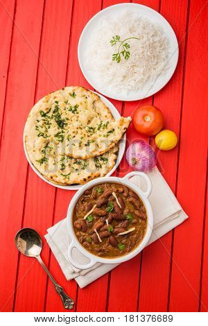 kidney bean curry or rajma or rajmah chawal and roti, typical north indian main course, selective focus