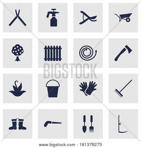 Set Of 16 Farm Icons Set.Collection Of Tools, Axe, Rake And Other Elements.