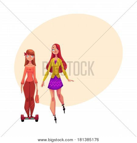 Two pretty girls, women, one roller skating, another riding gyro scooter, personal urban transport, cartoon vector illustration with space for text. Girls riding push scooter, roller skating