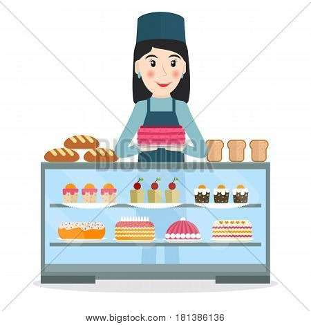 Grocery store or bakery shop female salesperson near vitrine with cakes and pastry in flat style. Smiling woman bakery seller at the counter.