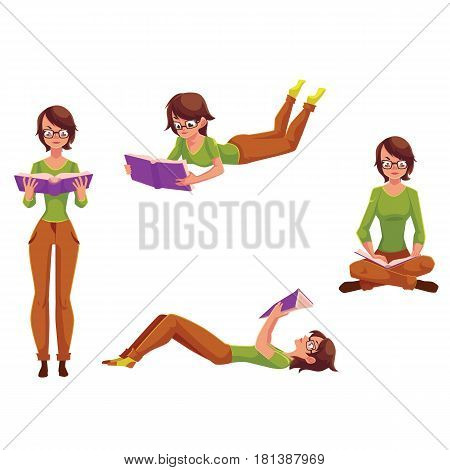 Pretty young woman reading in different positions standing, sitting, lying, cartoon vector illustration isolated on white background. Set of girl, woman reading in standing, sitting, lying position