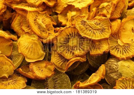Dried chopped kiwi fruit. Kiwi fruit is dried. Dried fruit from kiwi fruit.