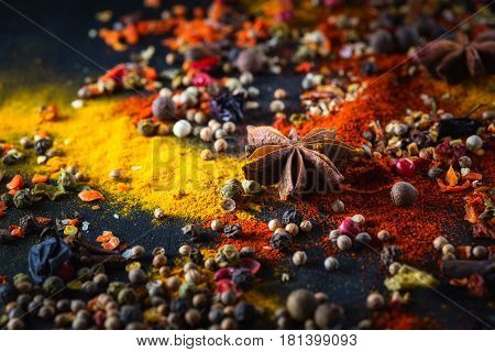 Different varicolored seasonings (coriander a mixture of peppers peas turmeric sweet red pepper powder anise) on a black background chalkboard