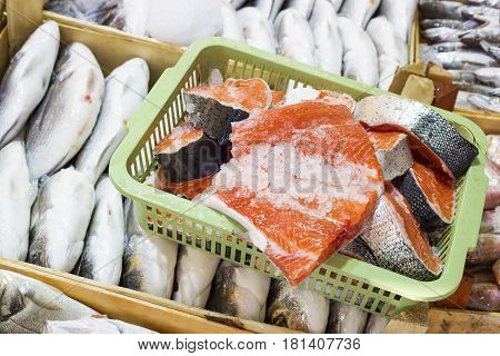 Freshly cought sea fish sold on market stall