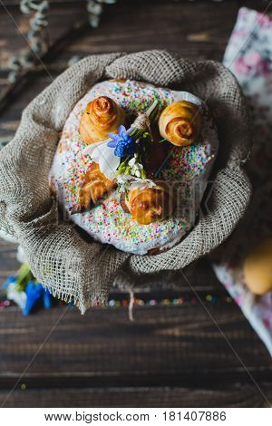 Traditional festive Easter cake and eggs for Easter