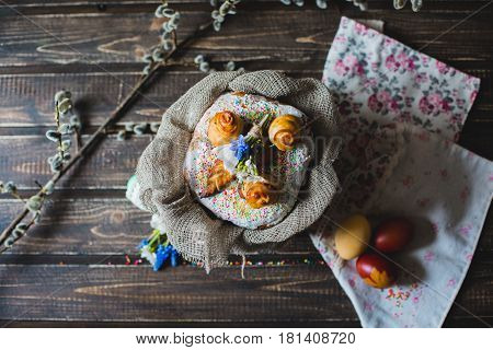 Traditional festive Easter cake and eggs for Easter