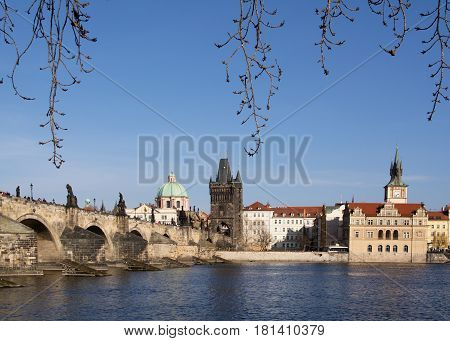 Beautiful view of the Charles Bridge Old Town Brige Tower and the former Water Reservoir Tower