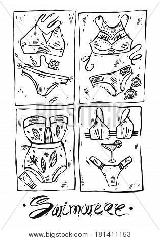 Hand drawn vector sketcher line set of women's trend swimwears isolated on white background.Woman summer beach fashion.Swimsuit model art.Design element for summer island beach party.Swimsuit bikini.