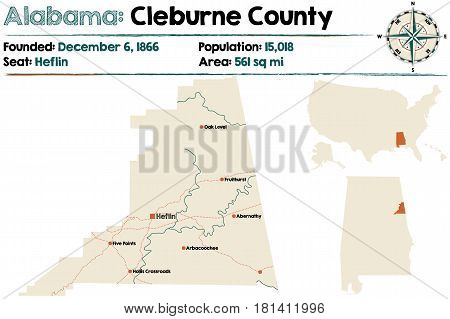 Large and detailed map of Cleburne County in Alabama.