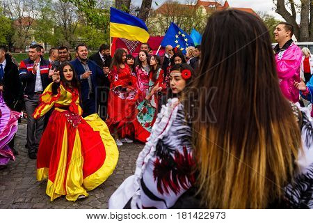 Uzhhorod Ukraine - April 7 2017: Participants in the celebration of the International Roma Day perform Romany folk dances in the city center.