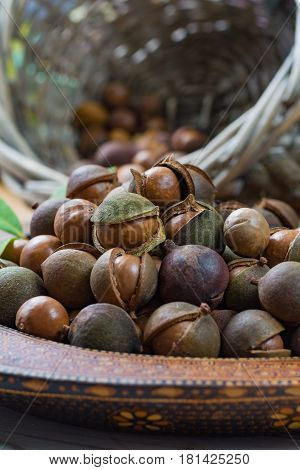 Macadamia nuts harvest close up with leaves