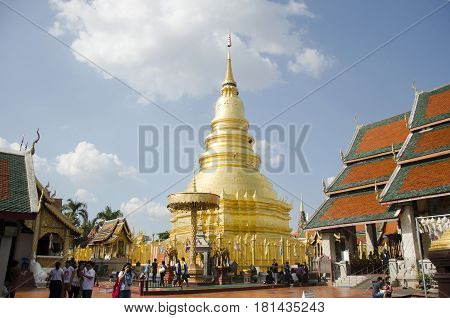 Asian Thai People And Foriegner People Respect Praying And Walk Visit Gold Chedi At Wat Phra That Ha