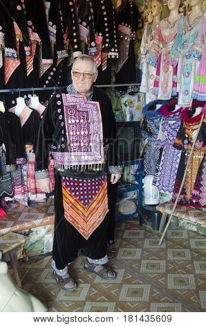 Old Man German People Change And Wearing Costume Traditional Of Ethnic Hmong For Take Photo At Doi P