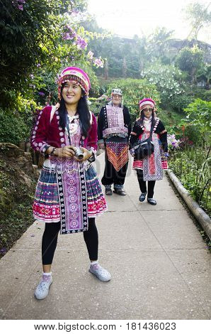 Thai People And Foreigner Travelers Wearing Costume Traditional Of Ethnic Hmong For Visit At Doi Pui