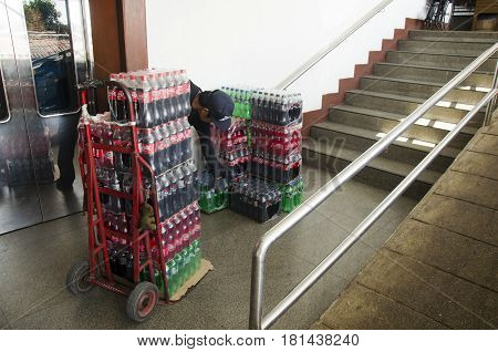 Transportation mover use cart moving carbonated drink or soft drink shipping to local shop at Wat Phra That Doi Suthep on December 28 2016 in Chiang Mai Thailand