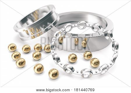 Silver and gold balls bearings on a white background, 3d rendering