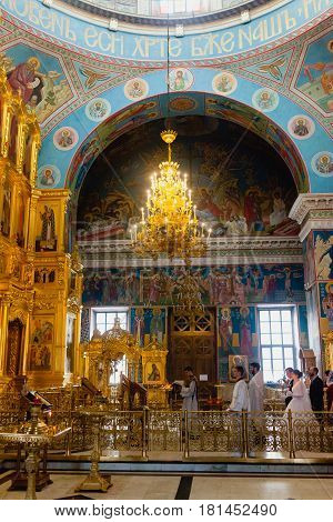 Kaluga, Russia - Jan 29, 2017. Interior of the church Kaluga Holy Trinity Cathedral, Kaluga, Russia. Wedding ceremony