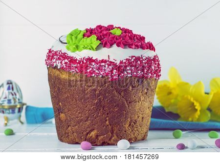 Traditional Easter baking with sugar and glaze vintage toning