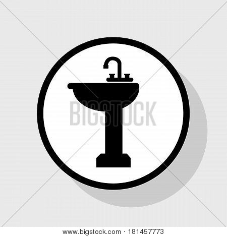 Bathroom sink sign. Vector. Flat black icon in white circle with shadow at gray background.