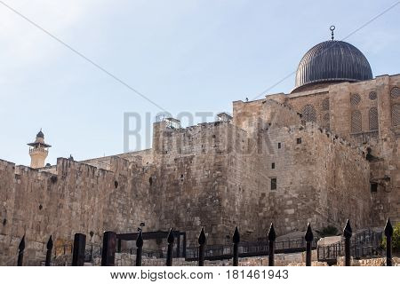 View on wall and grey dome of Al-aksa mosque Jerusalem