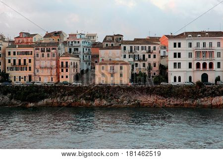 View on old town from the ionian sea. Sunrise over the old city