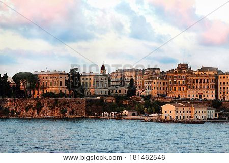 View on old town from the ionian sea. Sunrise over the old city